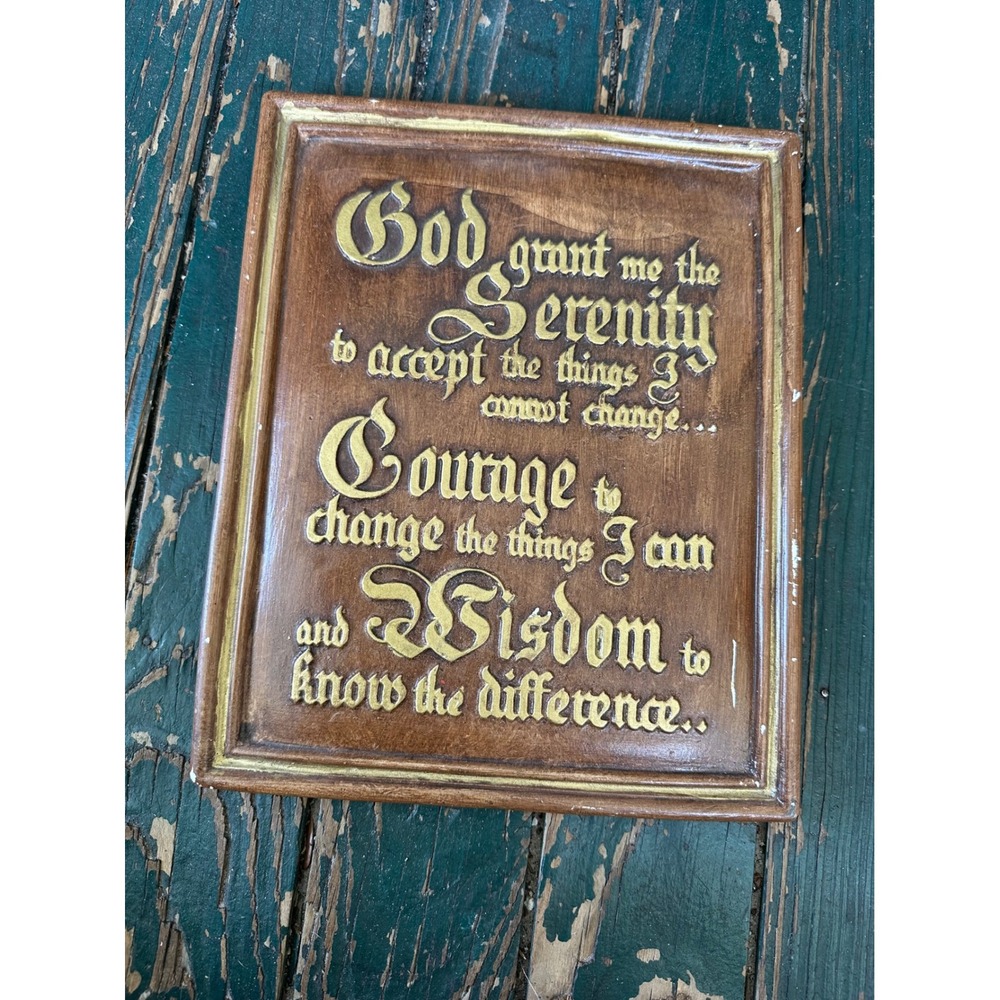 Vintage Serenity Prayer Wall Plaque Gold Lettering Faux Wood Religious Decor